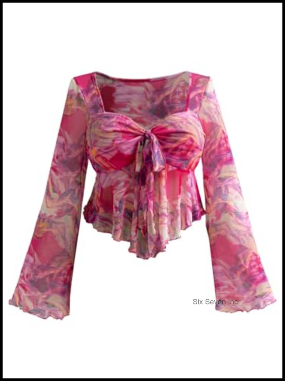 Plus Size Peplum Top Knot Front Ruched Mesh Ruffle Long Sleeve Blouse